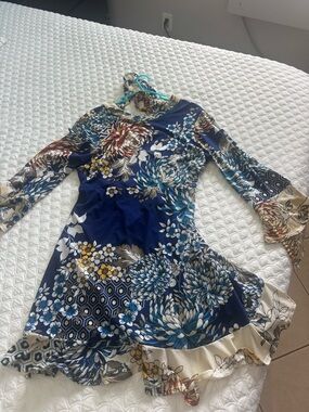 Navy Floral Bell Sleeve Dress with Ruffle Hem